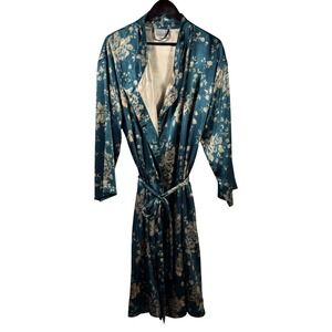 Cabernet Sleepwear Teal Green Gold Floral Satin Wrap Robe Long Sleeve Womens L